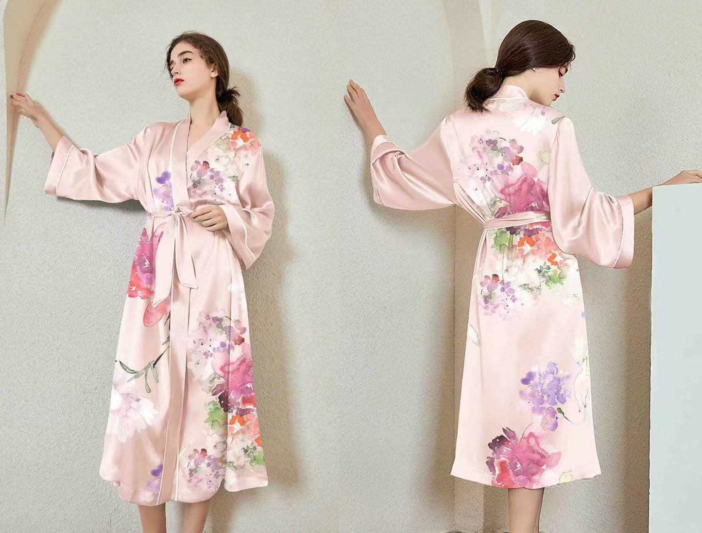 WATERCOLOR BLOOM SHORT SILK ROBE