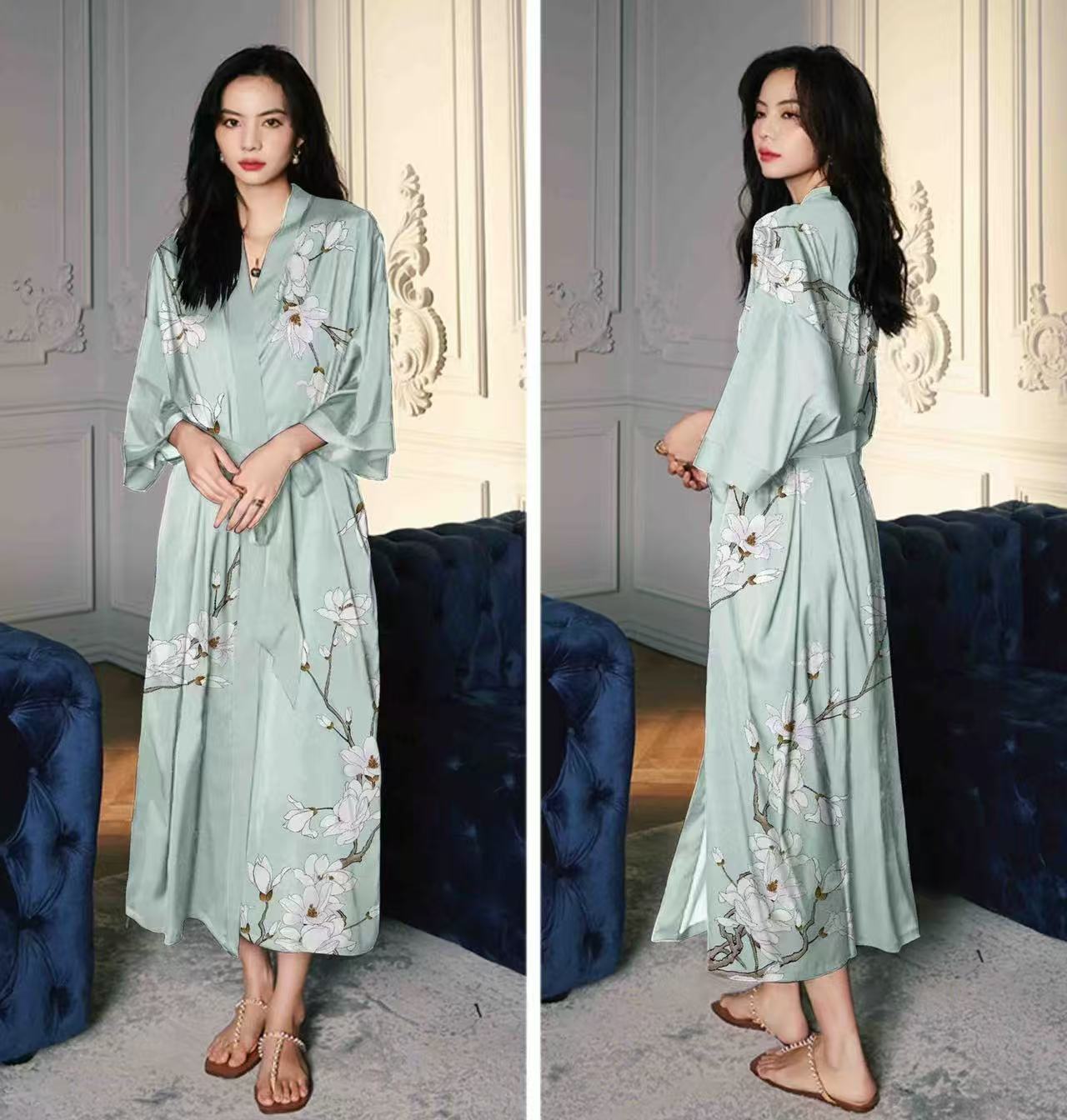 MAGNOLIA BLOOM SILK LONG KIMONO ROBE