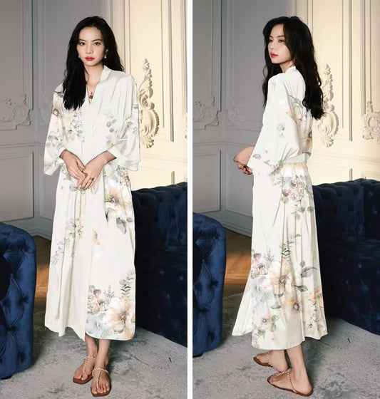 ALABASTER BLOOM SILK LONG KIMONO ROBE