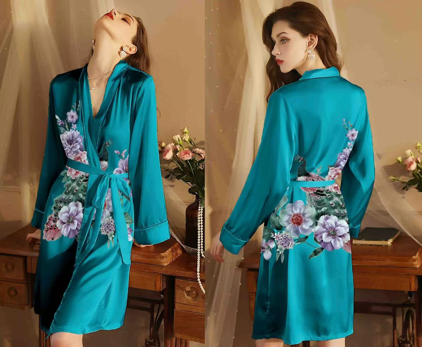 FEATHERS IN BLOOM SILK SHORT ROBE